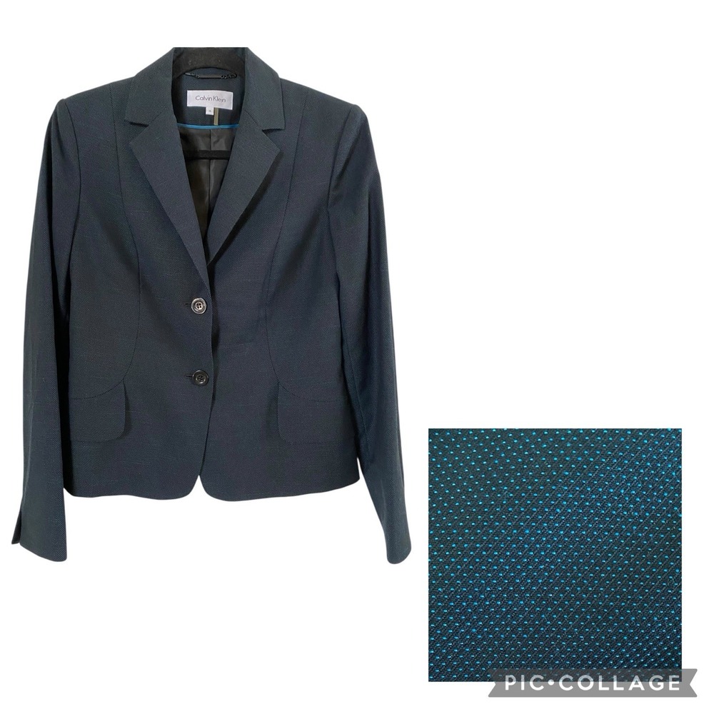 Calvin Klein Womens Pinpoint Polka Dot Teal & Black Blazer Size 4 NWOT Career